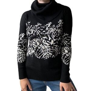 Diane Von Furstenberg Black White Floral Merino Wool Cowl Neck Sweater Petite M